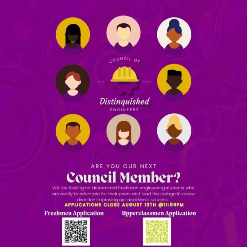Jacob_D_Joestar's tweet image. We are looking for freshman Engineering students to join Council of Distinguished Engineers to help advocate for their fellow engineering students, to help improve everyone’s academic success! If you’re interested fill out the QR Code or reach out to me for any questions!

#pv27
