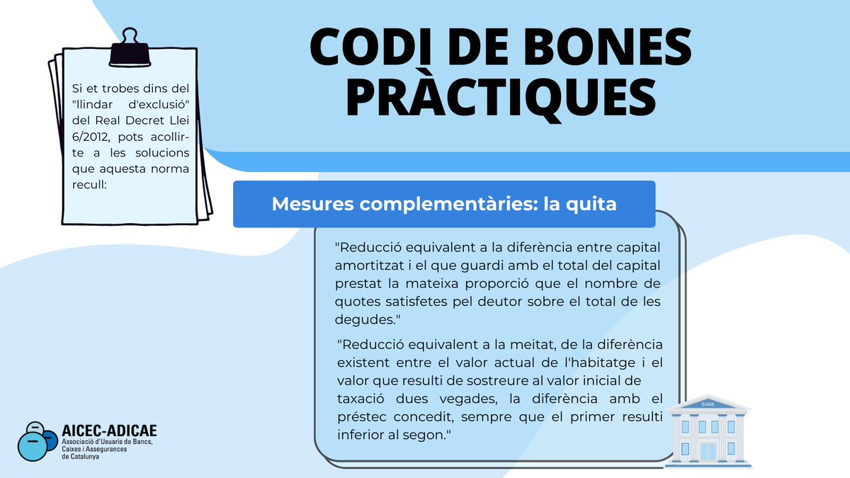 AicecAdicae's tweet image. Quines són les mesures complementàries del #CodideBonesPràctiques?

Tens problemes per a #pagar la #hipoteca?

📢Informa't amb #AicecAdicae!