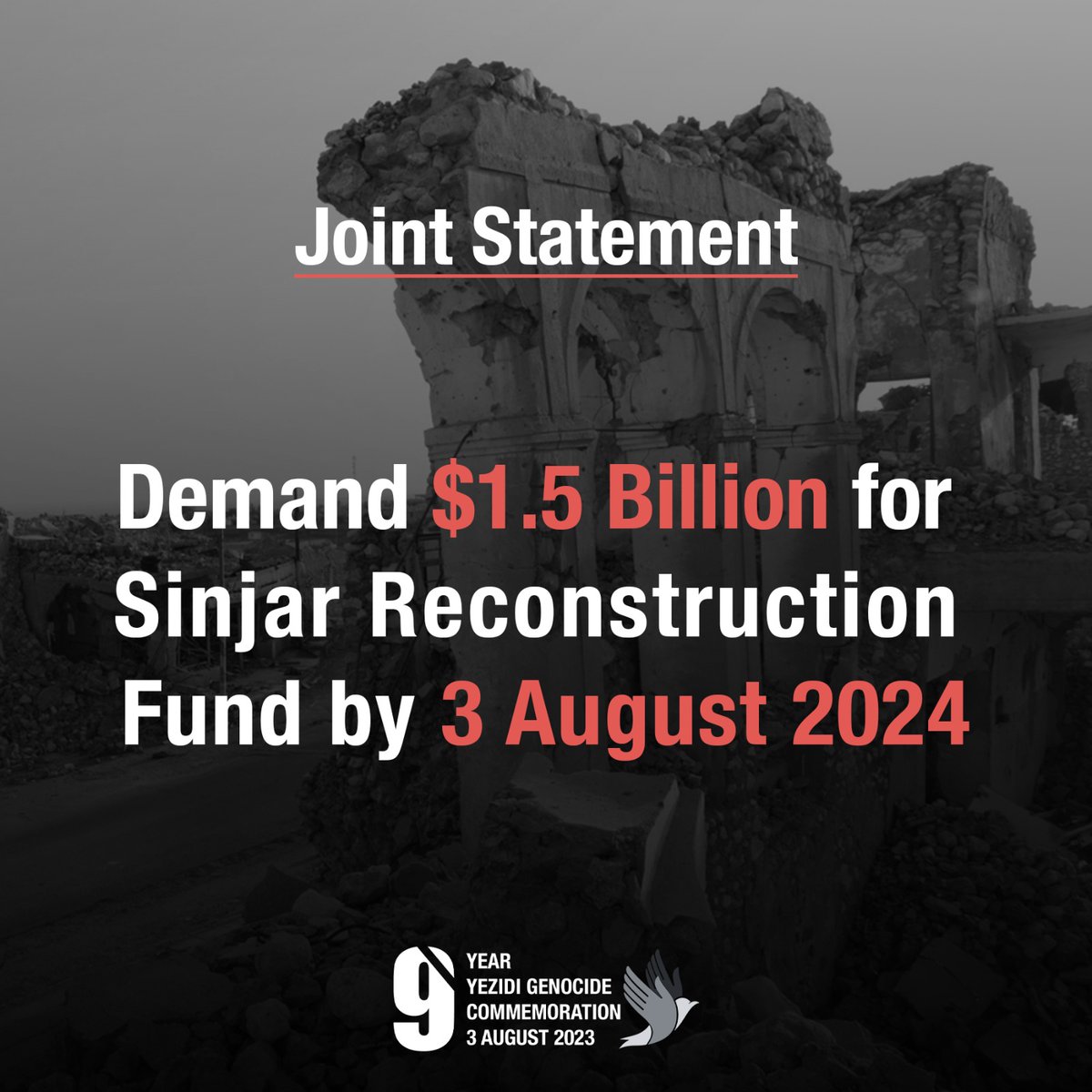 As we approach the 9th commemoration of the #YezidiGenocide, the Free Yezidi Foundation is joining dozens of Yezidi CSOs, community leaders, and intellectuals to demand: "No More Words Without Action - 1% of 153 Billion." Read our joint statement here: bit.ly/1Percentof153B…