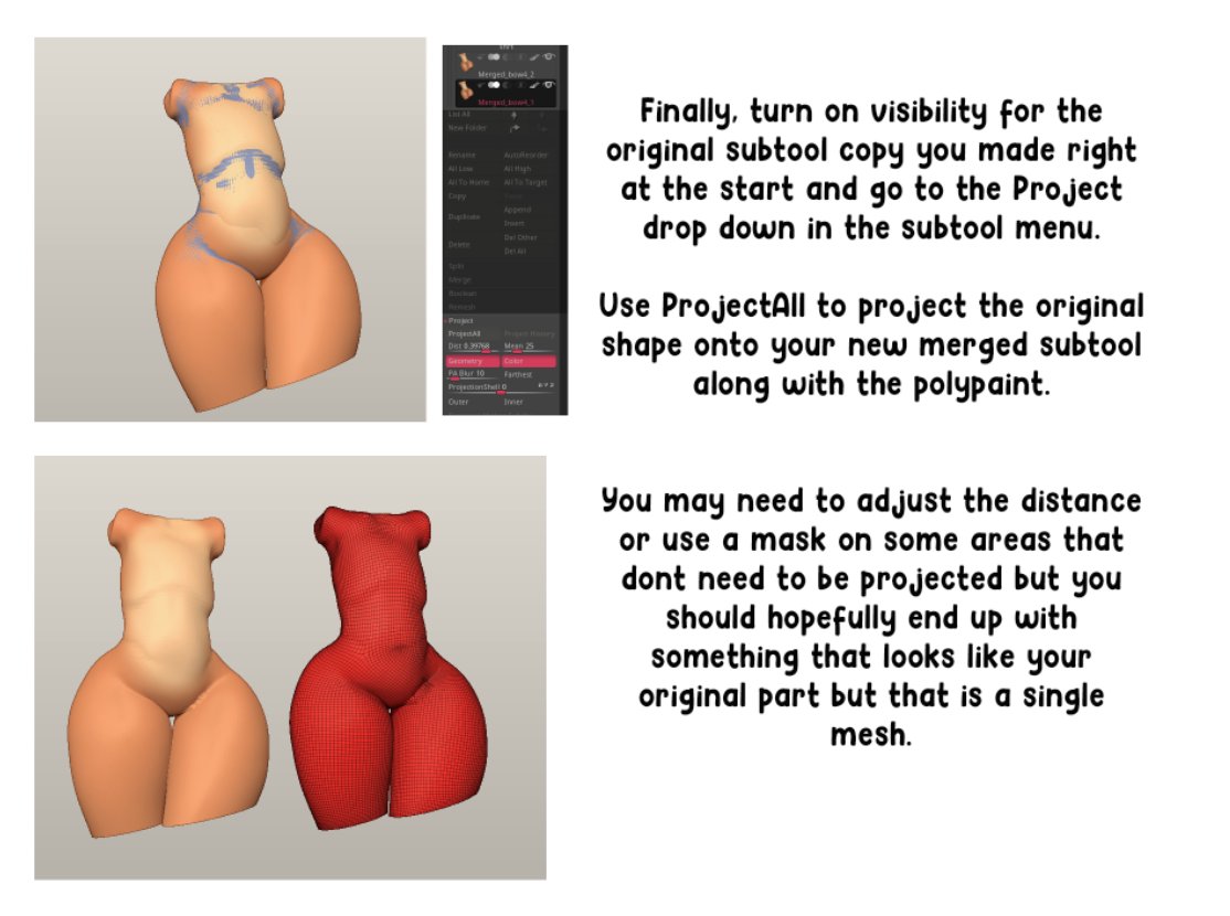 Quick guide of how you can attach subtools together in Zbrush without Dynamesh/ Booleans for when you have overlapping geometry. Like in chonky thighs 😳