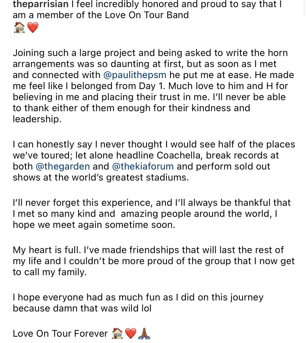 hsdlot's tweet image. Parris Fleming via Instagram:
“I feel incredibly honored and proud to say that I am a member of the Love On Tour Band
🏠❤️”