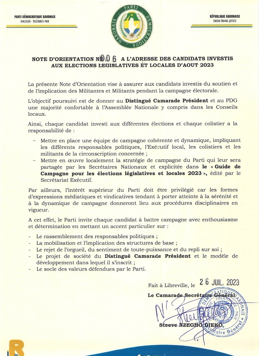 pdg2R's tweet photo. NOTE D'ORIENTATION N°006 A L'ADRESSE DES CANDIDATS INVESTIS AUX ELECTIONS LÉGISLATIVES ET LOCALES D'AOÛT 2023
#Gabon #PartiDémocratiqueGabonais #Elections2023 #PDGR https://t.co/uTboTLj6mf