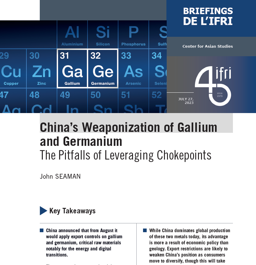 From next week, China has will begin leveraging critical raw materials (Ga and Ge) in a race to the bottom with Washington. This case points to the pitfalls of weaponizing raw material chokepoints in complex technology value chains. My @IFRI_ Brief: ifri.org/en/publication… 1/5