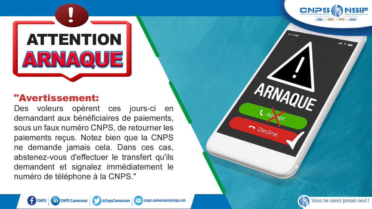 CnpsCameroun's tweet photo. Soyez Vigilant(e)s
Ne vous faites pas avoir!
#Maxdepartage
#CNPS
#vousneserezjamaisseul https://t.co/PbMREffvSE