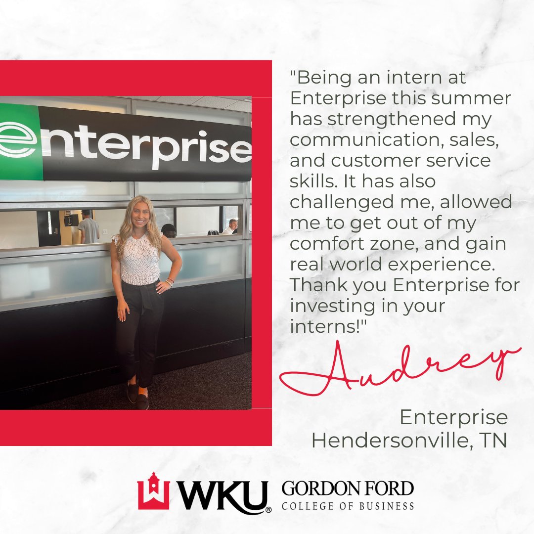 Meet Senior Marketing student, Audrey Baird. 
🚙  Audrey is an intern for Enterprise in Hendersonville. 

#wku #youbelongatgfcb #internship #nationalinternday23 #appliedlearning #enterprise