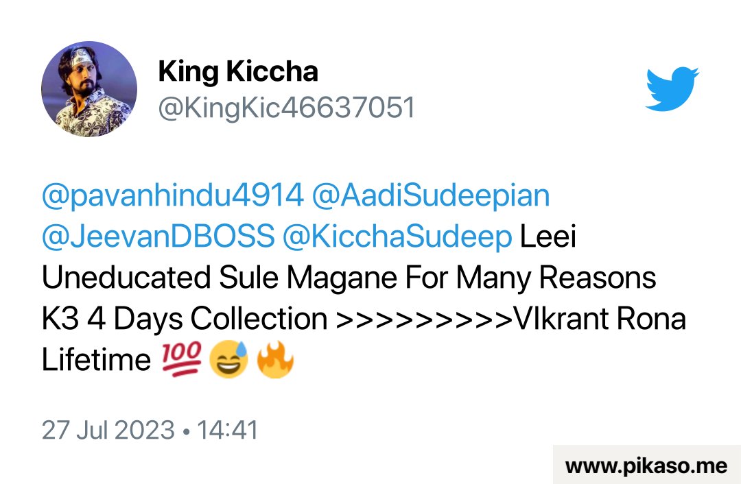 @Agastya_45 @KingKic46637051 @pavanhindu4914 @AadiSudeepian @JeevanDBOSS @KicchaSudeep Here's your screenshot.

⚡ Want to automatically post your tweets on Instagram? Visit pikaso.me.