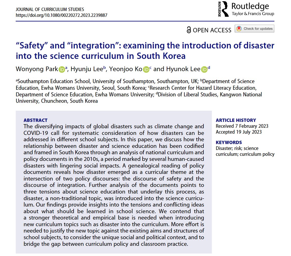 Wonyong Park (@wonyongpark89) on Twitter photo 🚨NEW PAPER ALERT🚨 Our paper from the <a href="/TeachDisasters/">TeachDisasters: A Network of Disaster Researchers</a> project traces how two seemingly unrelated curriculum discourses interacted to the introduction of disaster themes into the curriculum in South Korea, after the Sewol Ferry disaster. <a href="/CurriculumOf/">Journal of Curriculum Studies</a>
tandfonline.com/doi/full/10.10… 🚨NEW PAPER ALERT🚨 Our paper from the <a href="/TeachDisasters/">TeachDisasters: A Network of Disaster Researchers</a> project traces how two seemingly unrelated curriculum discourses interacted to the introduction of disaster themes into the curriculum in South Korea, after the Sewol Ferry disaster. <a href="/CurriculumOf/">Journal of Curriculum Studies</a>
tandfonline.com/doi/full/10.10…