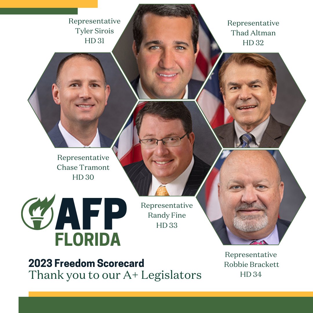 AFPFlorida's tweet photo. Thank you, FL State Representatives @tramont_chase, @TylerSiroisHD51, @RepThadAltman, @VoteRandyFine, and Robbie Brackett for being A+ champions during the 2023 Legislative Session! They are strong advocates for freedom in Florida. #FlaPol #2023session #afpfl #floridascorecard https://t.co/IJpSfLw3fV