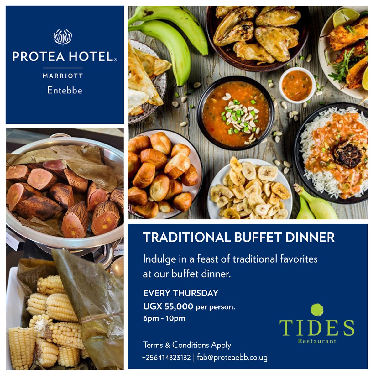 ProteaEntebbe's tweet photo. Join us tonight for a traditional buffet dinner at #TidesRestaurant! From 6pm to 11pm, indulge in a mouthwatering selection of traditional dishes and treat yourself to a truly unforgettable dining experience.
#ProteaEntebbe #TraditionalBuffet https://t.co/RYTHWxWIUo