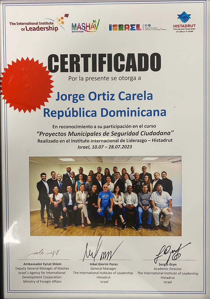 20carela's tweet photo. Acto de clausura del Curso de Proyectos Municipales de Seguridad Ciudadana, que se desarrolló en el país de Israel. 

Gracias a la embajada de Israel en la Republica Dominicana, por seleccionarnos para esta importante capacitación en el fortalecimiento de la municipalidad. https://t.co/R6ORMmkri3