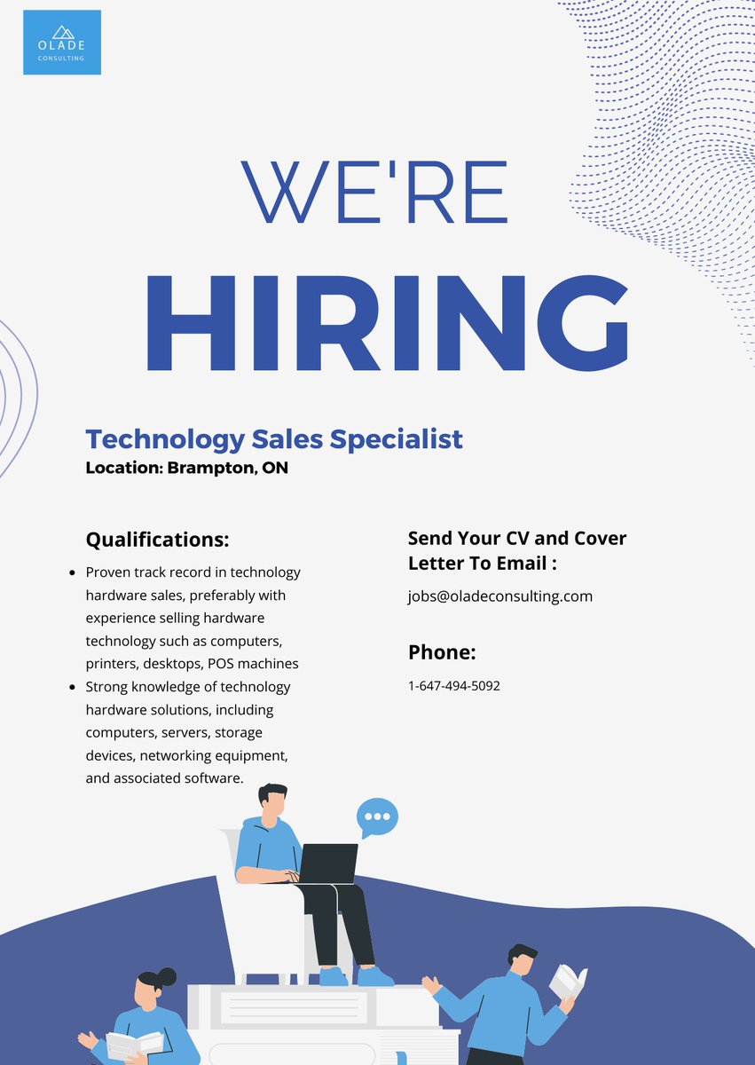 OladeConsulting's tweet photo. We are hiring a Technology Sales Specialist in Brampton, ON. 

If you have a proven sales track record in technology hardware, we want to hear from you! 

Apply now by sending your CV and Cover Letter to jobs@oladeconsulting.com.

#BramptonOpportunity #brampton #jobsinbrampton https://t.co/fAZL1UtdoH