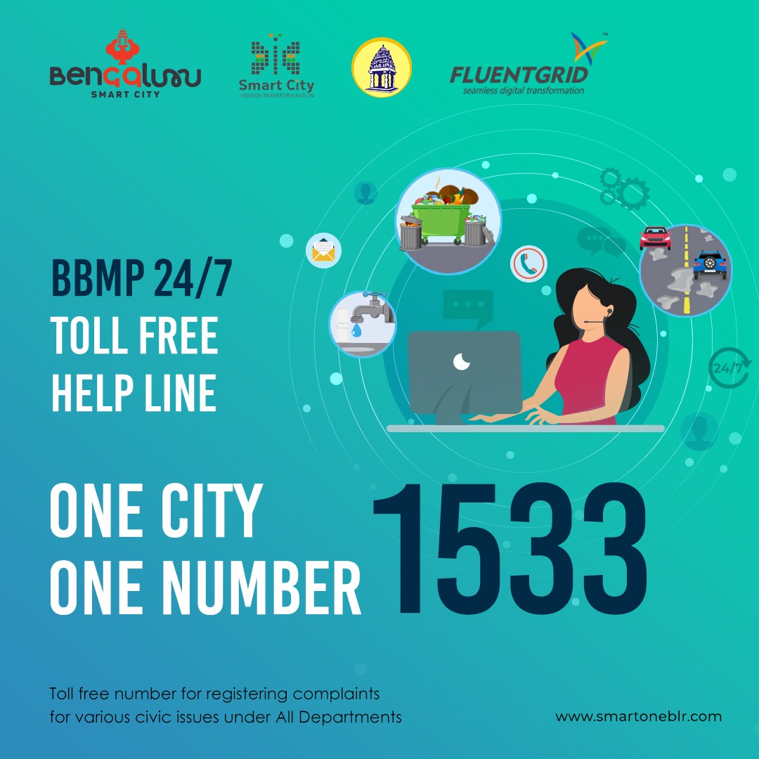 One City, One Number - 1533! 📞 Toll-free number to report civic issues under departments of BBMP, BWSSB, BMRCL. We serve 24/7 to register your concerns & bring smart governance.