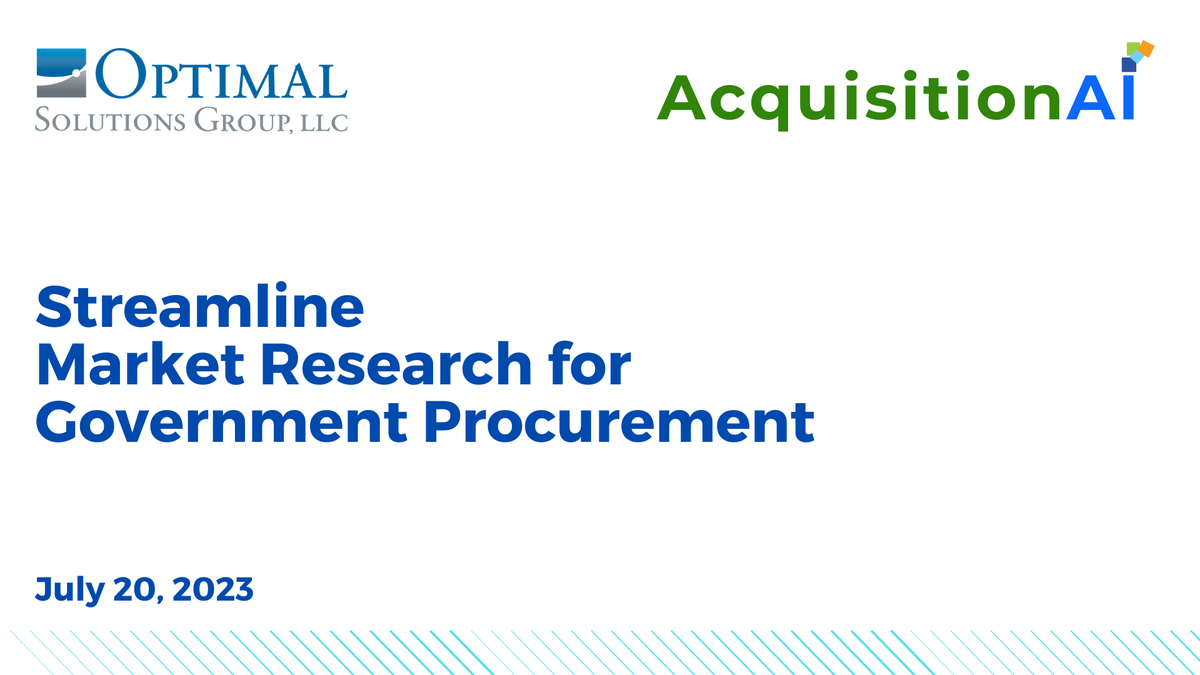 OptimalSG's tweet photo. 🎥Missed our webinar on Streamlining Market Research for Government Procurement? Don’t worry, we got you covered! Watch the video here: https://t.co/1DTSiWYBbm
Learn how AcquisitionAI can help you innovate and improve your acquisition life cycle. #AcquisitionAI #MarketResearch https://t.co/rSmayb5TUt