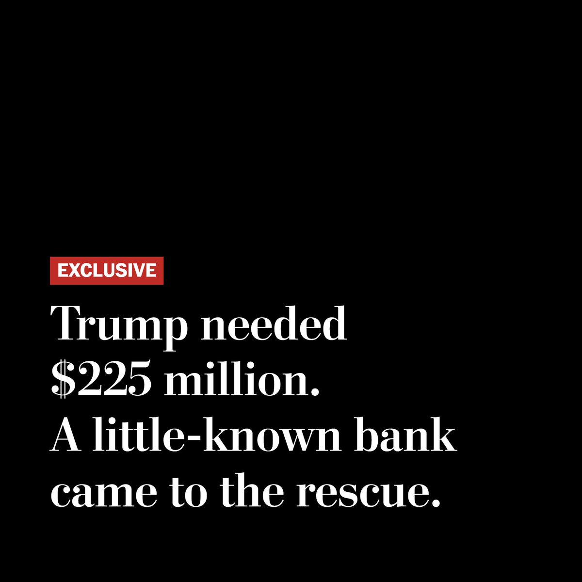 washingtonpost's tweet photo. Exclusive: As Donald Trump considered another White House run last year, his company’s finances were at risk of spiraling into crisis.

When Trump needed $225 million, an unlikely partner came to the rescue: Axos Bank, an online-only financial firm headquartered in suburban San Diego. https://t.co/J2AoKN93oq