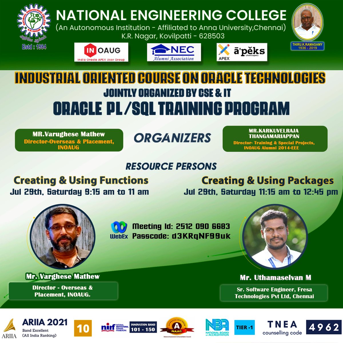 tkarkuvelraja's tweet photo. “Industrial Oriented Course on Oracle Technologies -@OraclePLSQL Training and Certification Program” 

Session 5: Creating &amp; Using Functions by @varghese0905

Session 6: Creating &amp; Using Packages by @uthamaselvan

On Sat, 29nd Jul 2023✌️

@NECKVP @oracleace #orclAPEX @inoaug https://t.co/z8cCJYqNrO