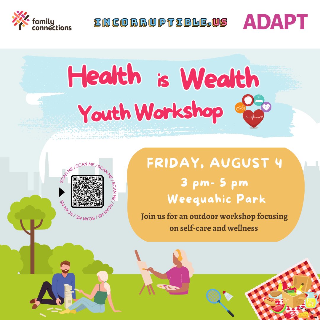 Youth ages 12-18, join us on August 4 for our health is wealth youth workshop! Register here: eventbrite.com/e/679423703587… Questions? Contact Nessie De Chavez ndechavez@familyconnectionsnj.org