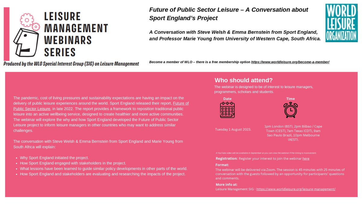 Register and join us on the next #WLO SIG Leisure Management webinar on 'Future of Public Sector Leisure – A Conversation about Sport England’s Project ' next Tuesday, August 1, at 1pm London time! ⛳ Registration link here: buff.ly/3QbGuS1