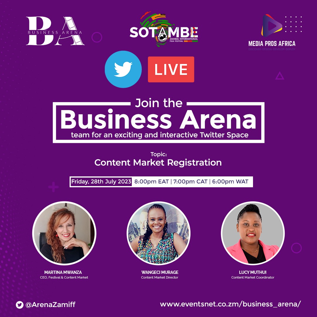 Business Arena Content Market (@arenazamiff) on Twitter photo Join the Business Arena team <a href="/wmurage/">Wangeci Mūrage</a> <a href="/Sotambefilms/">SOTAMBE Film Institute</a> <a href="/Zambiafilmfest/">SOTAMBE Zambia International Film Festival</a> <a href="/AfricaPros/">Media Pros Africa</a> for our first Twitter Space on Friday, 28th July 2023, at 8:00pm EAT 7:00pm CAT 6:00pm
We have some exciting announcements and insights to share
Join via this link: x.com/ArenaZamiff/st… Join the Business Arena team <a href="/wmurage/">Wangeci Mūrage</a> <a href="/Sotambefilms/">SOTAMBE Film Institute</a> <a href="/Zambiafilmfest/">SOTAMBE Zambia International Film Festival</a> <a href="/AfricaPros/">Media Pros Africa</a> for our first Twitter Space on Friday, 28th July 2023, at 8:00pm EAT 7:00pm CAT 6:00pm
We have some exciting announcements and insights to share
Join via this link: x.com/ArenaZamiff/st…