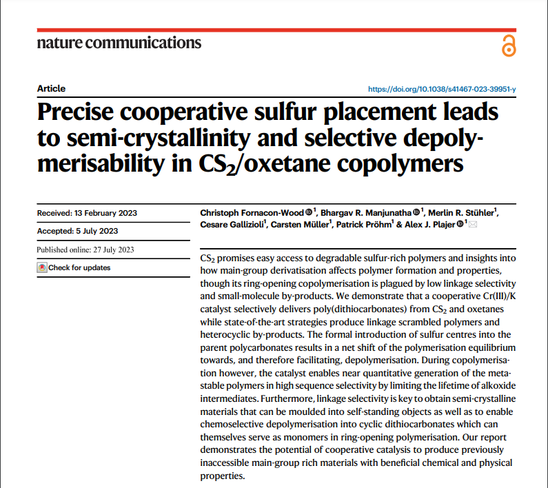 🚨More good news. Our latest research work in @NatureComms is now online.🚨 'Precise cooperative sulfur placement leads to semi-crystallinity and selective depolymerisability in CS2/oxetane copolymers' #ROCOP #polymer Link : nature.com/articles/s4146…