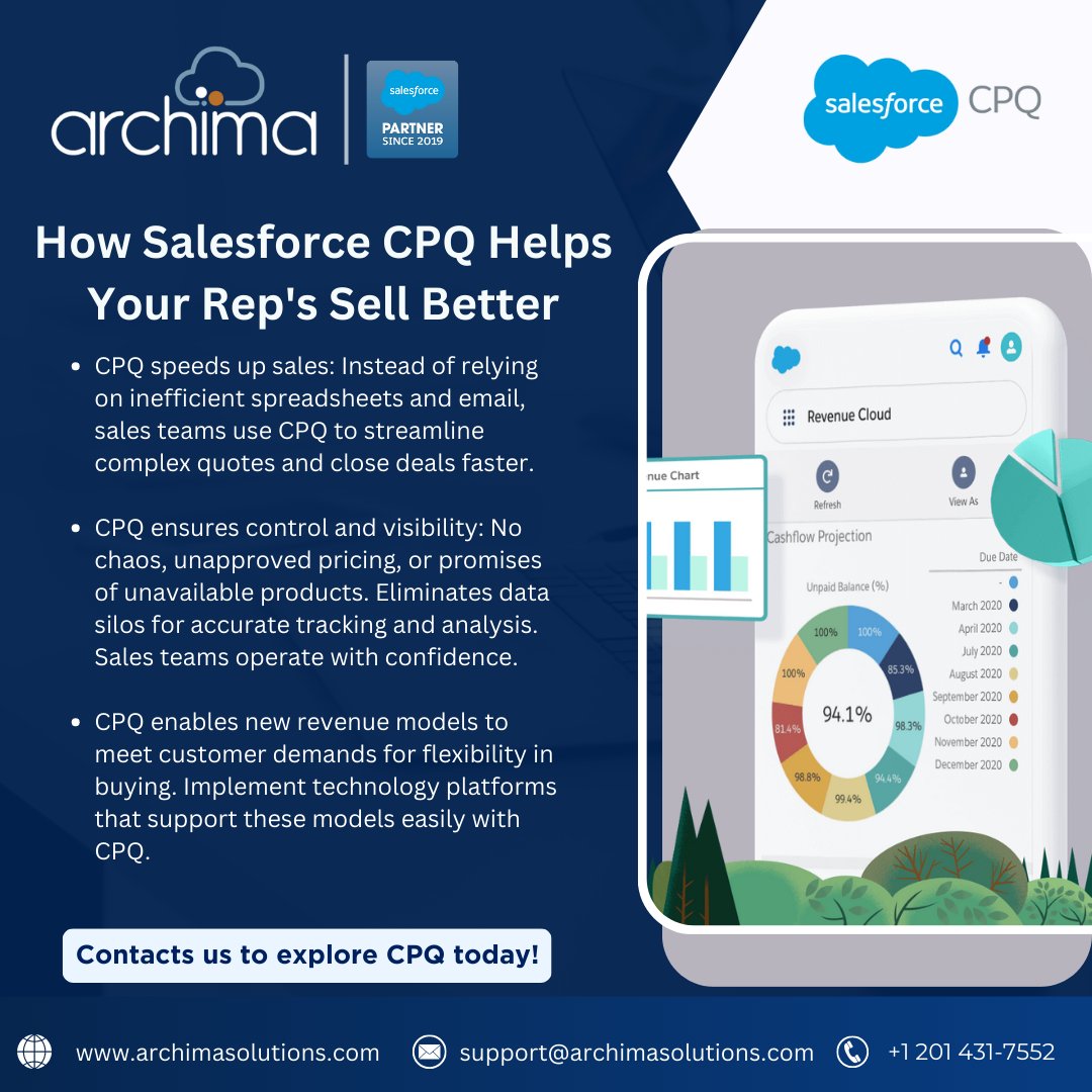 ArchimaSolution's tweet photo. Accelerate sales efficiency and boost revenue growth with Salesforce CPQ! 
With CPQ, your sales teams will operate with confidence, ensuring accurate tracking and analysis while meeting customer demands for flexible buying. #SalesExcellence #CPQ #RevenueGrowth #SalesforcePartner https://t.co/YRqfHiOEzd