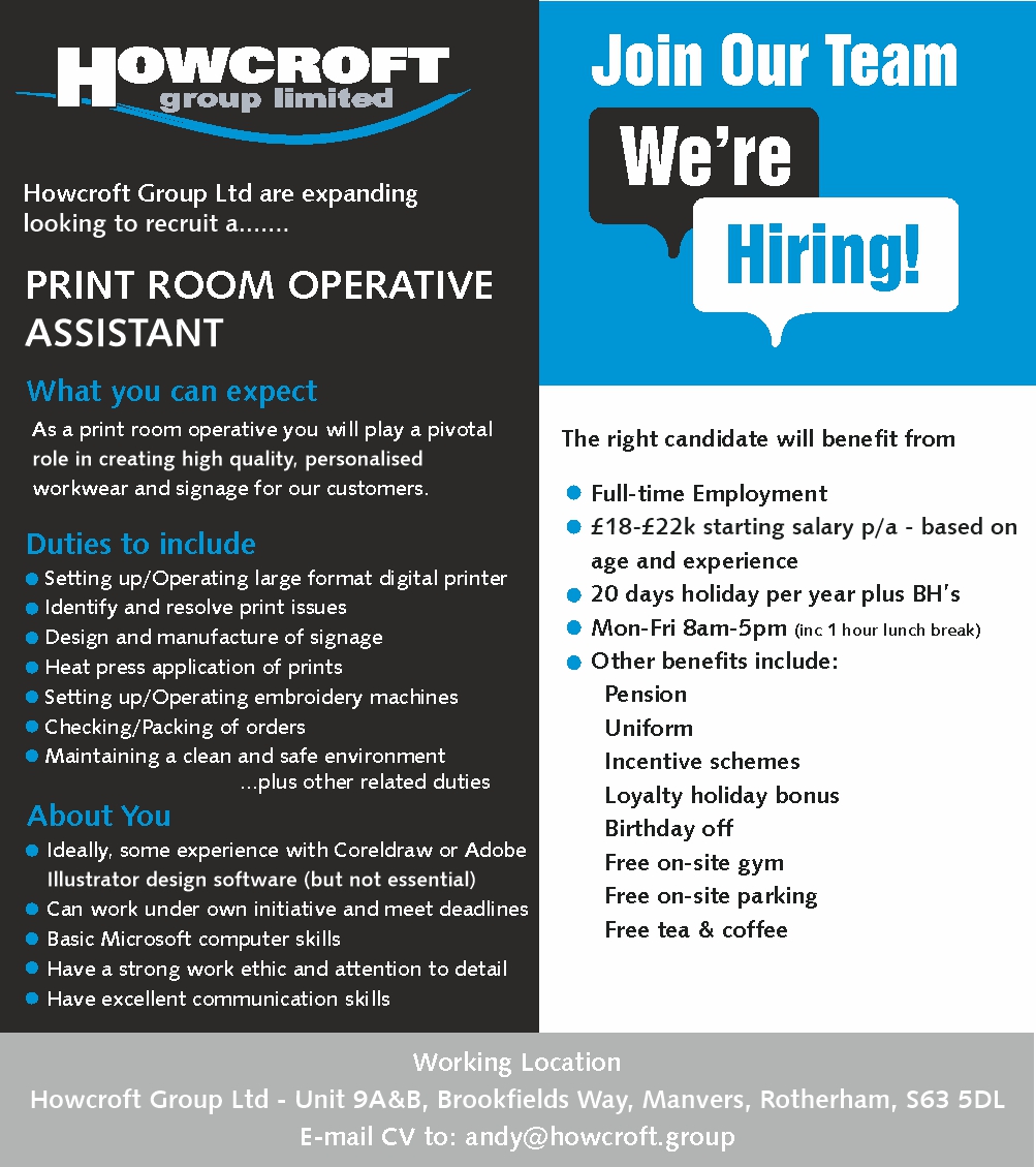 HowcroftGroup's tweet photo. A position for a Print Room Operative Assistant has come available. Experience would be a benefit, however we are open to giving an opportunity to college leavers and understand they may not have the experience (Full training will be given)
Email CV's to andy@howcroft.group https://t.co/cJBvBb1ggD