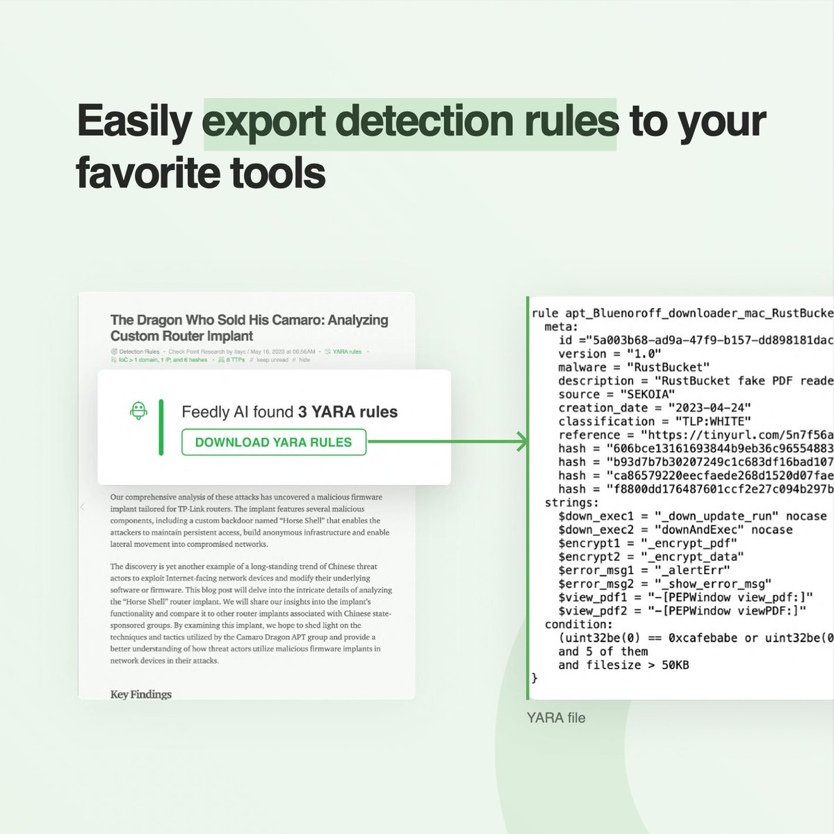 feedly's tweet photo. Do you use #YARA rules to identify and classify malware samples?
You can now create customizable Feedly AI feeds that scour the web for specific YARA, #Sigma, #Snort, or Microsoft #HuntingQueries and automatically download the detection rules you discover! https://t.co/qJjgy0fI2d