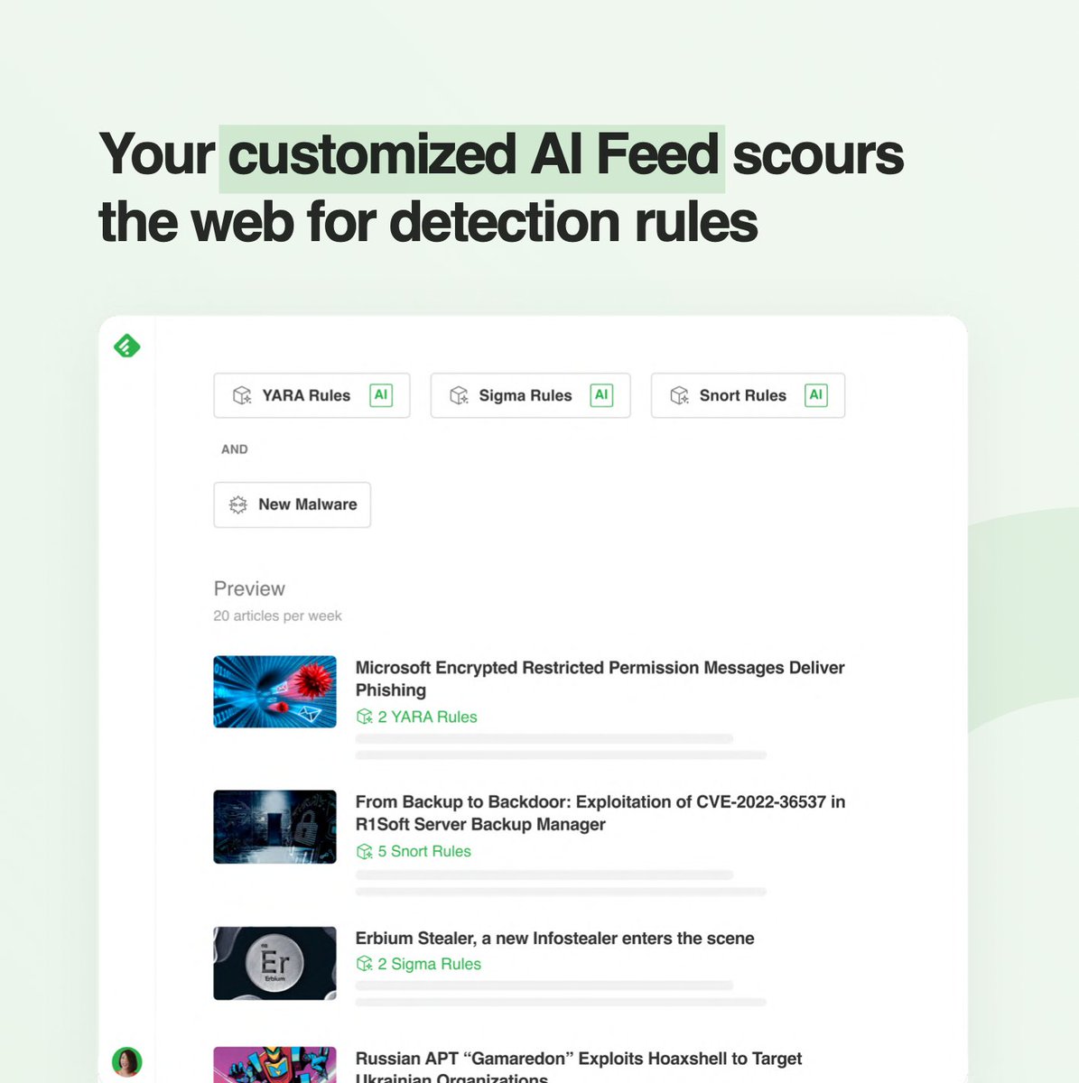 feedly's tweet photo. Do you use #YARA rules to identify and classify malware samples?
You can now create customizable Feedly AI feeds that scour the web for specific YARA, #Sigma, #Snort, or Microsoft #HuntingQueries and automatically download the detection rules you discover! https://t.co/qJjgy0fI2d
