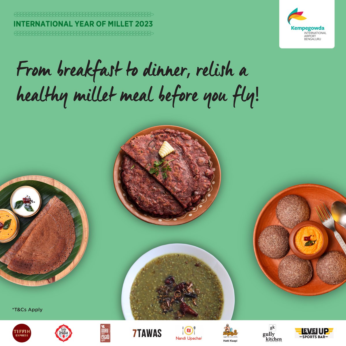 BLRAirport's tweet photo. BLR Airport is hosting a millet fest at select outlets to celebrate the International Year of Millets. Choose from a wide variety of dishes for breakfast, lunch, or dinner.

#BLRAirport #millets #milletfest https://t.co/9XEYGU7uD0