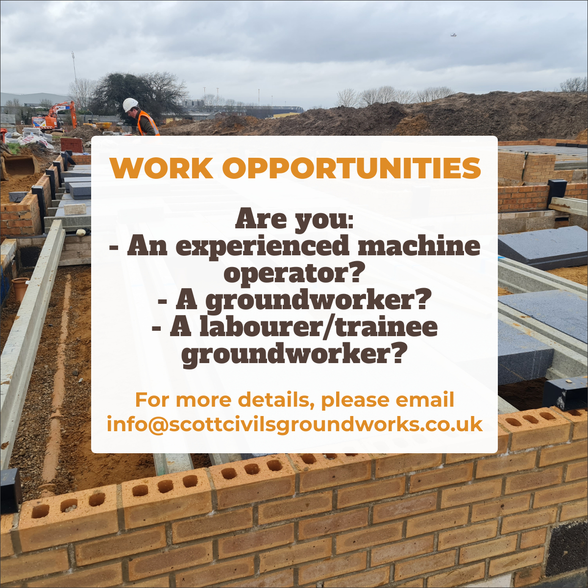 We are currently looking to increase our workforce for a site in #Bacton. We require experienced machine operators, groundworkers and labourers/trainee groundworkers. Please get in touch.
#jobopportunities #labourers #groundworkers #MachineOperators #jointheteam #suffolk #norfolk