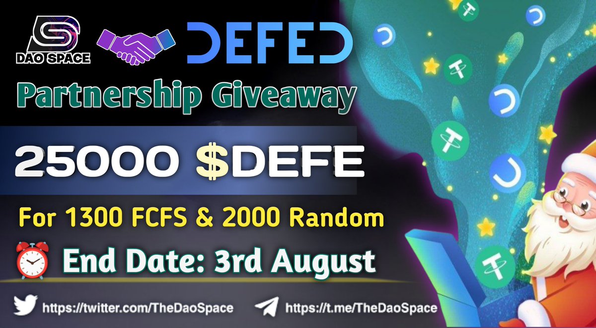 🎉 DAO Space X DEFED Official #fcfs Big Airdrop

🤑 Reward Pool: 25,000 $DEFE

✅ Audit by @Certik

To Enter ⤵️
➡️Follow
<a href="/TheDaoSpace/">DAO Space </a>
&amp; 
@DEFED_OFFICIAL

➡️Like, RT &amp; Tag 3 Friend
➡️Finish Task: gleam.io/d2oLI/dao-spac…

⏱End Date: 3rd August 

Let's go to the Moon 🚀

#Airdrop