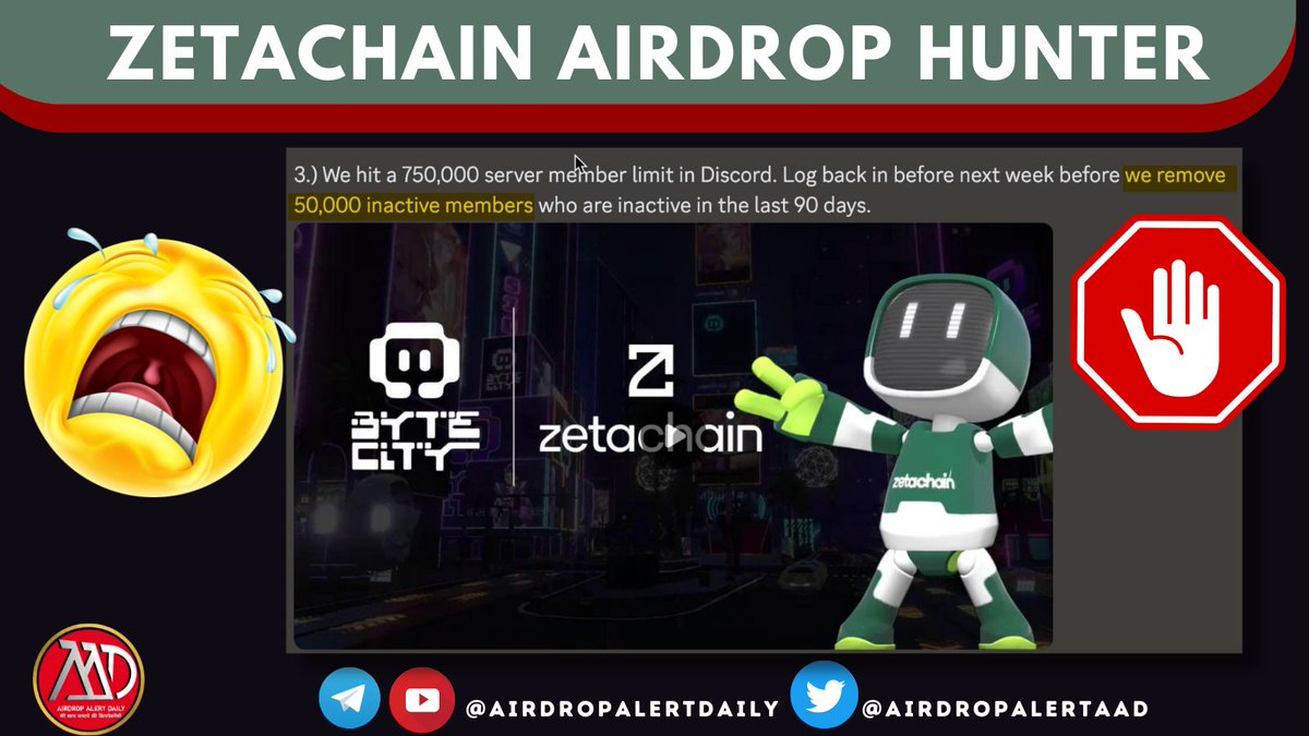 AirdropAlertAAD's tweet photo. ZetaChain 🪂Airdrop Hunter 

⚠️Important Alert for you👀👀

🖐️🖐️If you are a member of Zeta Discord, please be active on it

 #ZetaChain Discord Team remove 50,000 inactive members who are inactive in the last 90 days.

🔗 https://t.co/hGccDyJs2Y

New Member ZetaChain Airdrop Ongoing, you Can Join Here: https://t.co/8a8fmhuJTb @zetachain