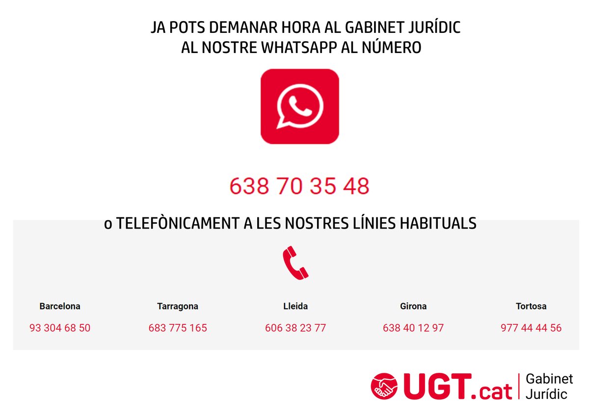 UGTGabJuridic's tweet photo. Us recordem que hem posat en marxa una línia de WhatsApp per a tota Catalunya, amb el número 638 70 35 48, perquè pugueu sol·licitar cita amb el nostre servei jurídic de la forma més àgil possible. 

Sempre al servei de les persones treballadores! https://t.co/D0csdpbcdu