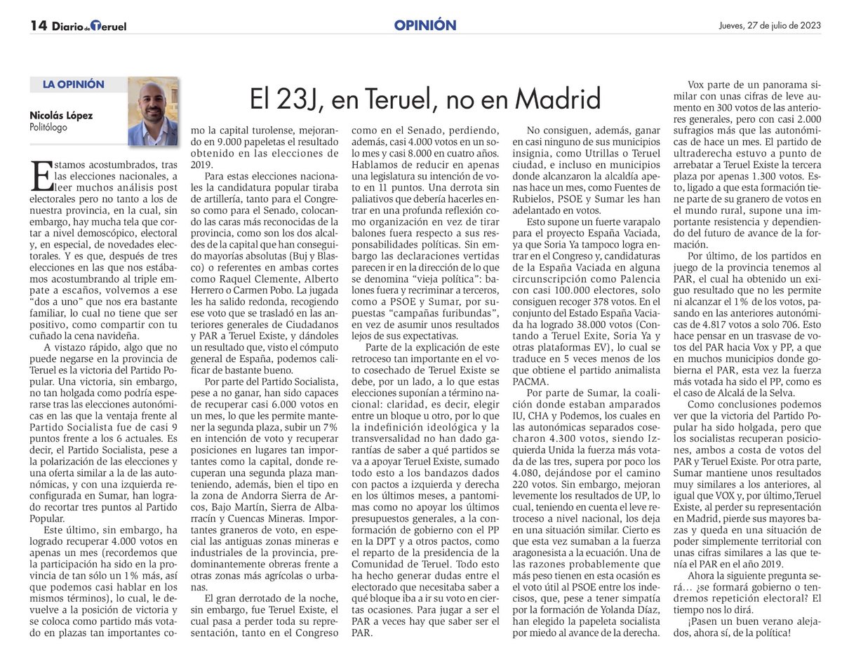 Algo que ya se va convirtiendo en un clásico post electoral. Mi artículo de opinión en el Diario de Teruel. 

Analizando un poco los datos que nos han dado las urnas y que supone también para la provincia y su política.