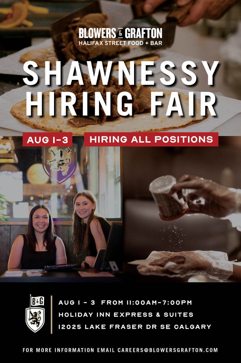 📢Come one, come all! We are hosting a Hiring Fair for our newest Calgary location opening in Shawnessy this August- Hiring ALL Positions! 

🗓️ Aug 1-3 from 11AM-7PM
📍Holiday Inn Express &amp; Suites - 12025 Lake Fraser Dr SE Calgary
#blowersandgraton #calgarynowhiring #calgaryjobs