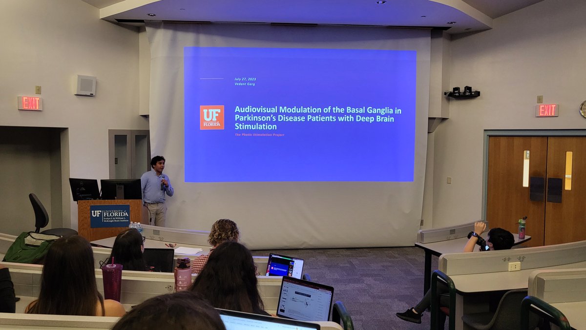 JWongggMD's tweet photo. Great presentation by superstar Vedant Garg on his project looking at the effect of sensory stimulation on basal ganglia modulation in PD DBS. Amazing year for the @UFNeuroscience SNIP program #SNIP23 https://t.co/DpumVhzuvT