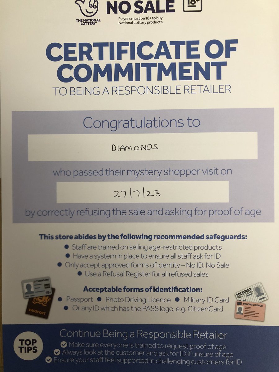 IT’S ALL IN A DAYS WORK FOR THE STAFF AT DIAMONDS….. ANOTHER AGE RESTRICTED MYSTERY SHOPPER SUCCESSFULLY  REFUSED THE SALE BY PAULA 💎💎💎💎 #DiamondsEst1979