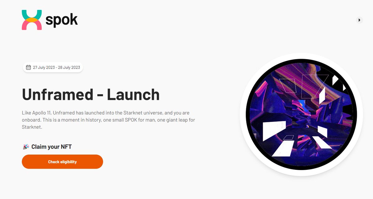 Rainbowkiss_t's tweet photo. 🔥 Săn kèo bên mạng Starknet thì Claim Unframed SPOK
Link: https://t.co/f0LUFFnPwv
- Claim your SPOK
- Check eligibility
- Connect ví Argent X
- Claim
Làm gấp (DL 28/7/2023)
#Starknet #StarknetNFT #SPOK #NFT https://t.co/EvGOkll5fV