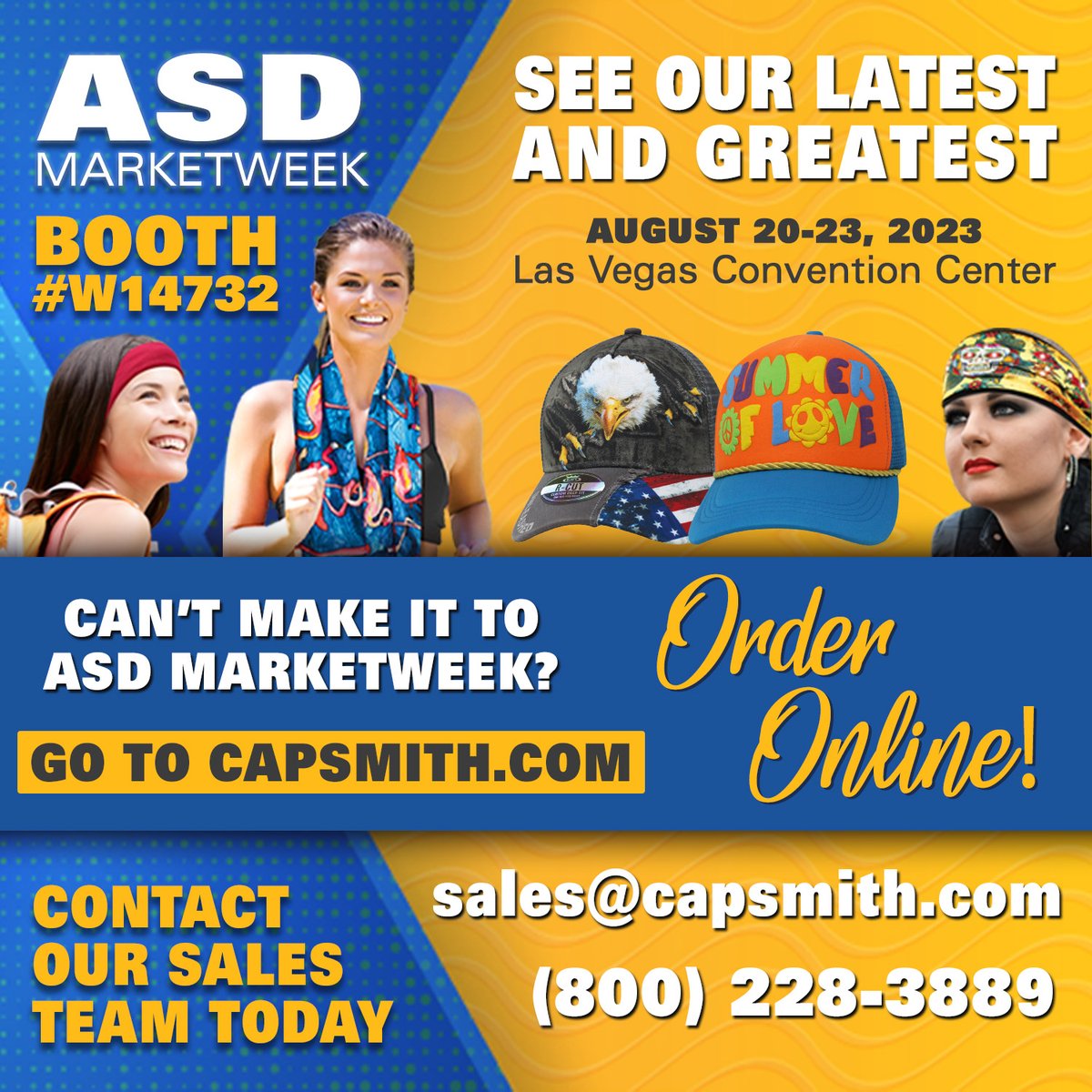 capsmithinc's tweet photo. Come see us in person at ASD Marketweek!

#tradeshow #tradeshows #tradeshowseason  #wholesale #b2b #manufacturing #distributor #manufacturer #supplier https://t.co/UHedgTJkef
