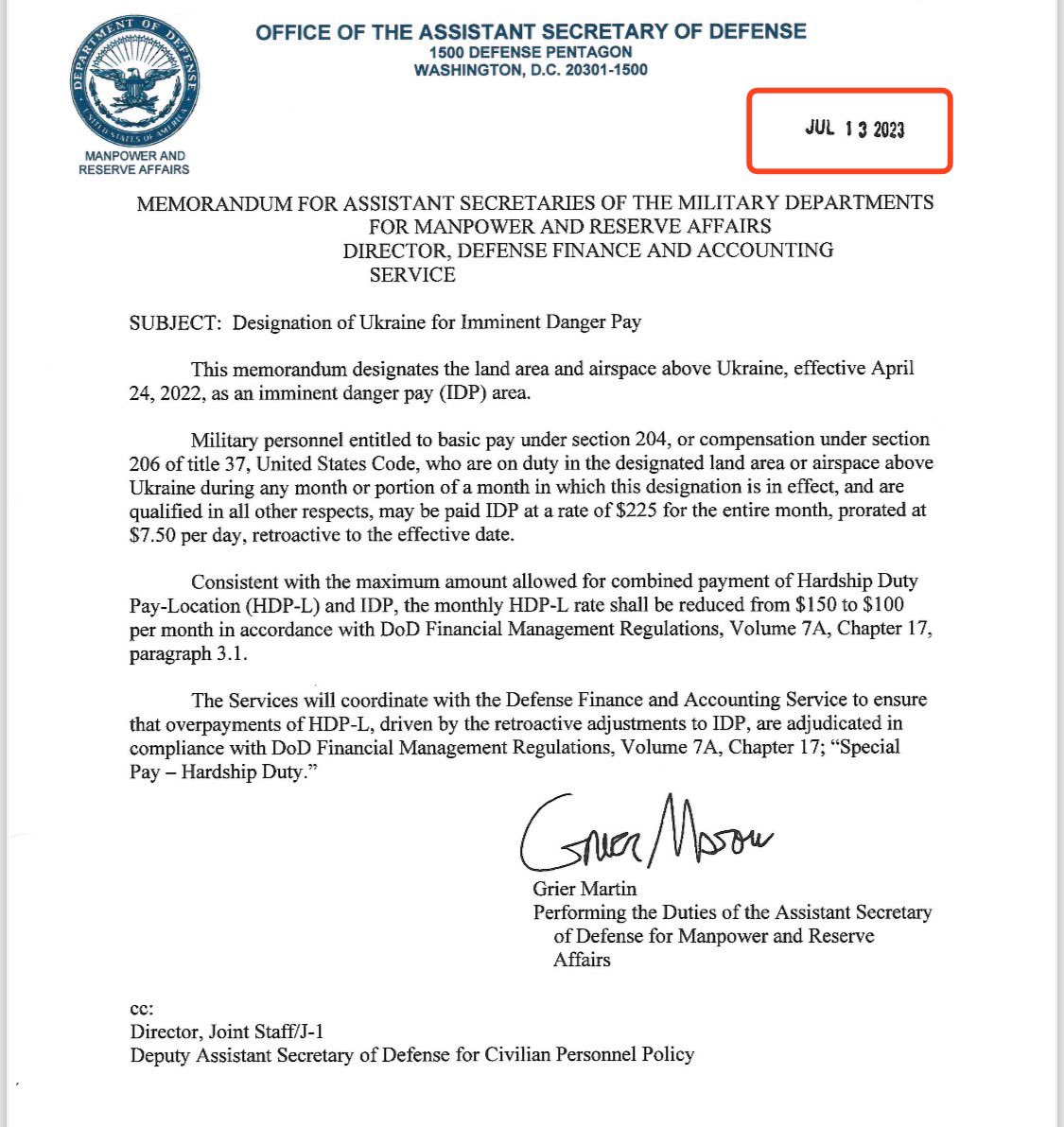 realtrmlx's tweet photo. Land and airspace over Ukraine has been designated as an imminent danger pay area as of July 13, 2023, retroactive back to April of 2022. July 13 was also the same day that President Biden ordered members of the reserve and IRR (individual ready reserve) to active duty in support of Operation Atlantic Resolve.