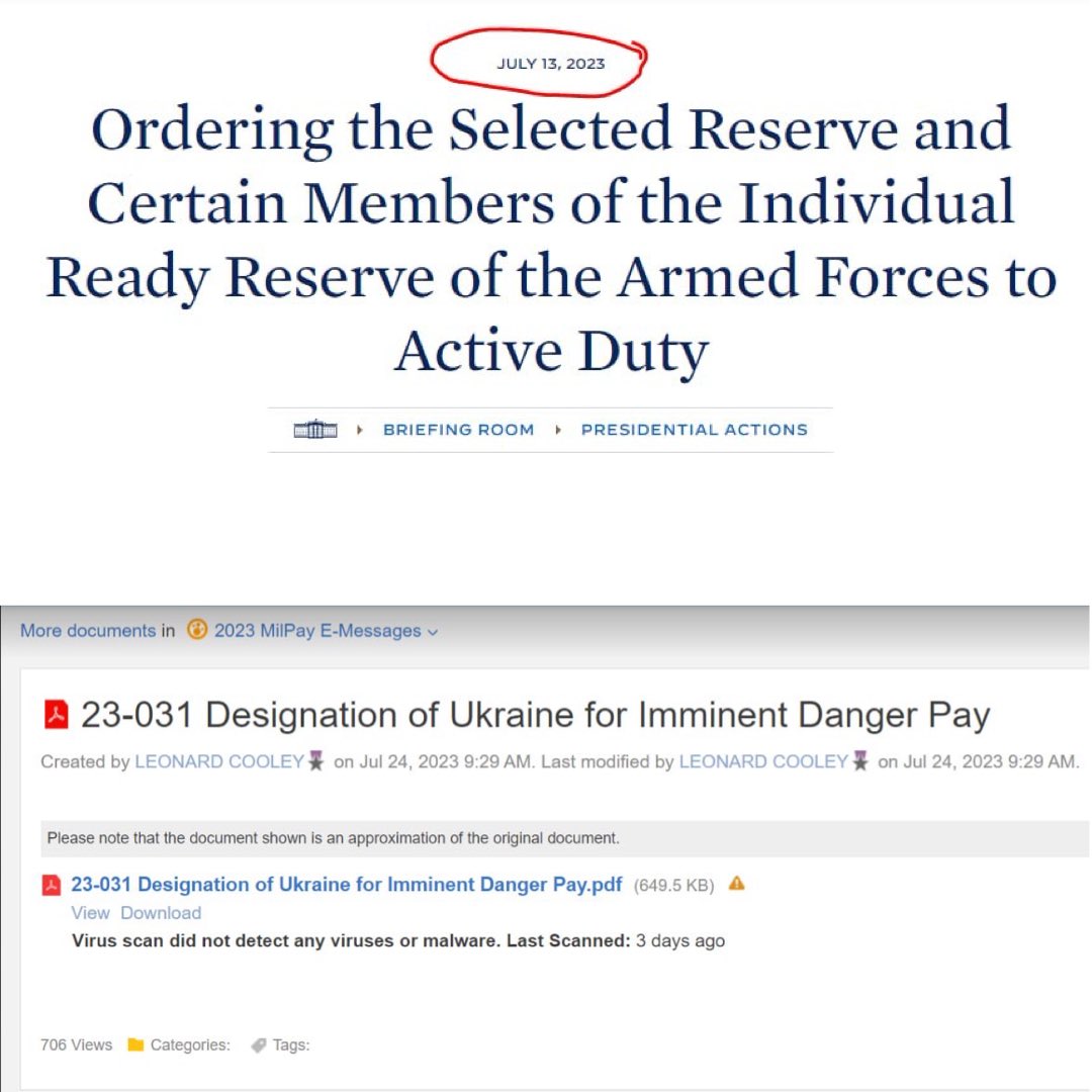 Land and airspace over Ukraine has been designated as an imminent danger pay area as of July 13, 2023, retroactive back to April of 2022. July 13 was also the same day that President Biden ordered members of the reserve and IRR (individual ready reserve) to active duty in support