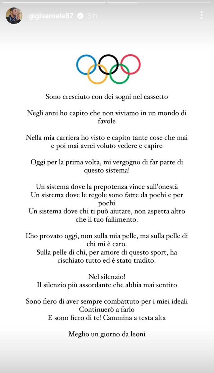 LiaCapizzi's tweet photo. Una presa di posizione potente.
Se un campione come Gigi Samele (argento olimpico &amp;Co) che di Olga Kharlan è il compagno di vita e di allenamenti (a Bologna) arriva a scrivere:

"Oggi per la prima volta mi vergogno di far parte di questo sistema"

Urge una riflessione. 
Doverosa. https://t.co/Dj1yNApLSe