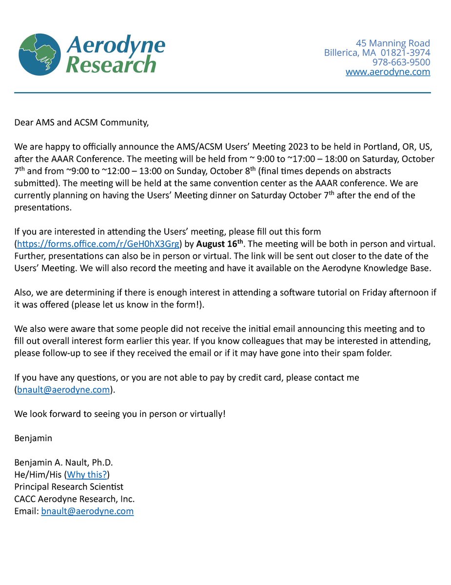 AerodyneRes's tweet photo. Calling all #AMS and #ACSM users! AMS/ACSM Users Meeting 2023 is scheduled for October 7th-8th following AAAR. If interested in attending fill out this form: https://t.co/fOW0Xo8tuS by August 16th! 

Questions can be directed to bnault@aerodyne.com. Read more below: https://t.co/ub7zKiVkyr