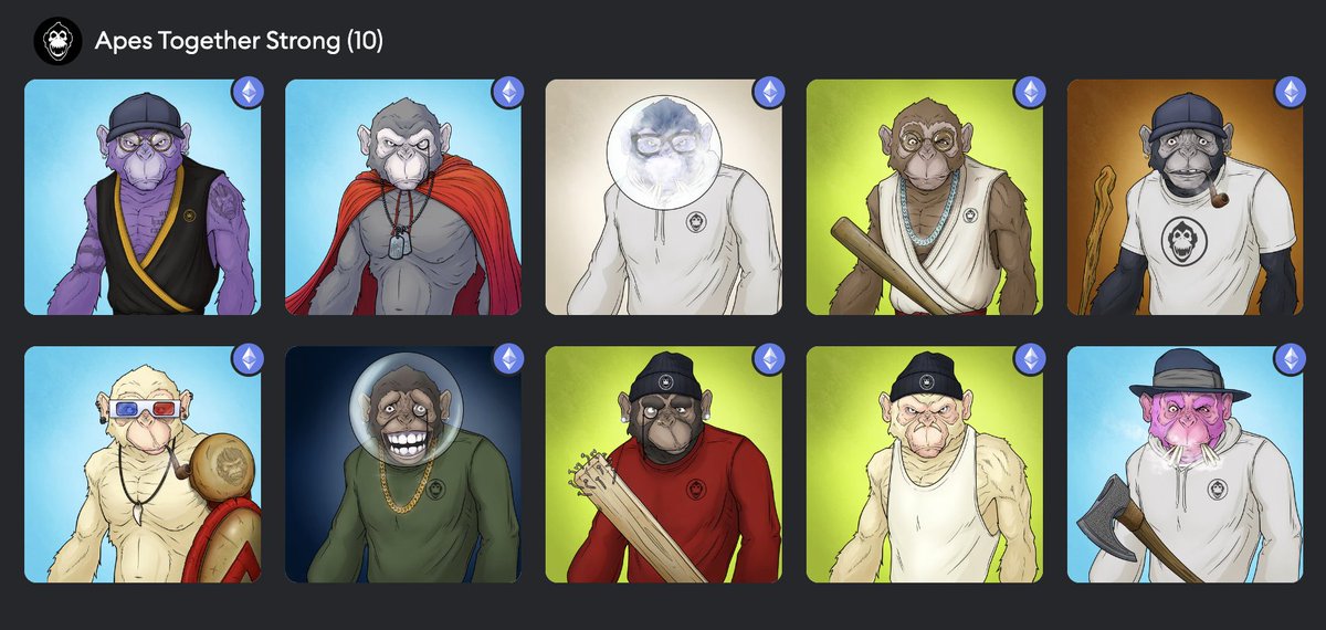 Had the pleasure of chatting to <a href="/8R4NDO/">BRANDO 👌🏻</a> the other day and truly bullish on what he's building over at <a href="/ATSNFT/">Apes Together Strong NFT</a> 👏

I want to be surrounded by winners only, this guys exactly that. 

Copped 10 x apes after we spoke. One of the only projects producing numbers right now. 

FP 7 days