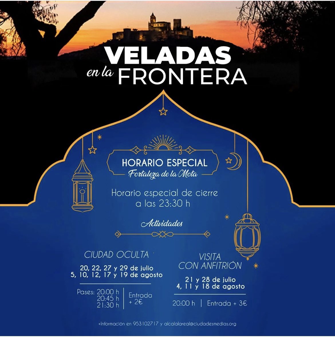 #AlcalálaReal
Te recordamos que durante las noches de verano puedes visitar <a href="/Fortaleza_Mota/">Fortaleza de la Mota</a> hasta las 23:30h. también con pases para la Ciudad Oculta (jueves y sábados) o visitas guiadas con Anfitrión (viernes)

Más ℹ️ y reservas en las Oficinas de Turismo y el 📞953-10 27 17
