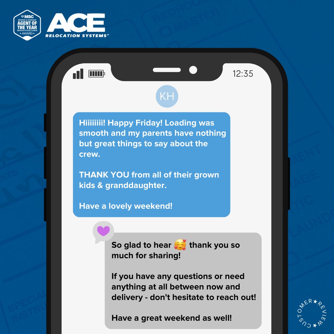 AceRelocation's tweet image. During peak moving season, our teams fuel up on amazing family feedback like this. When you choose Ace Relocation, we're with you from start-to-finish with friendly, service you can trust. Click here to learn how we can help with your next move: hubs.ly/Q01Z91gS0