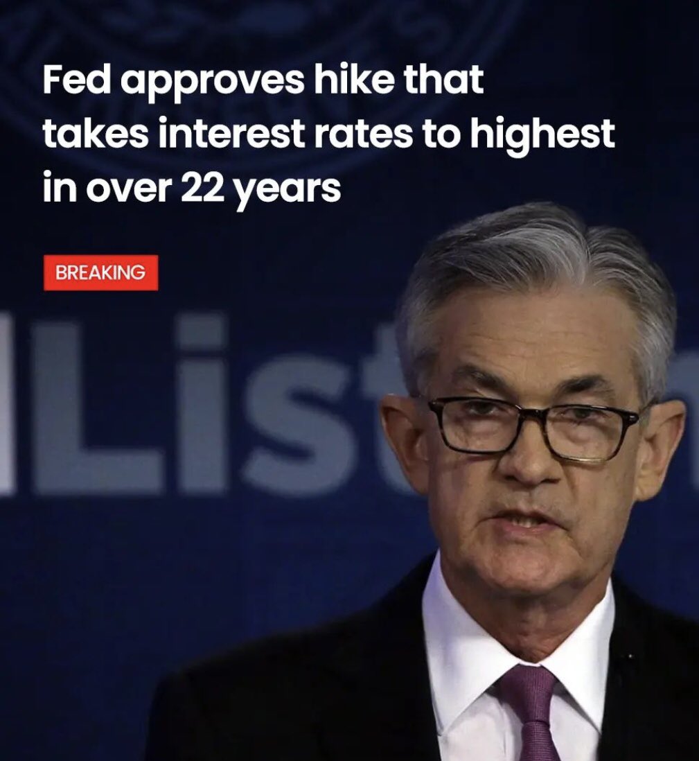 HarshedsBlogs's tweet photo. In a move that #financial markets had completely priced in, the central bank's #Federal Open Market Committee raised its funds rate by a 1/4 % to a target range of 5.25% -5.5%. The midpoint of that target range would be the highest level for the benchmark rate since early 2001. https://t.co/kruuChFZfX