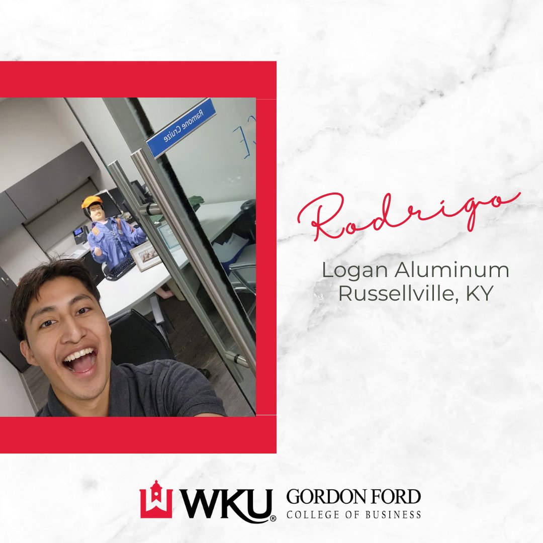 Our next GFCB student is Accounting major, Rodrigo Galvez-Vega. Rodrigo is  interning with Logan Aluminum in Russellville, KY

 #wku #youbelongatgfcb #internship #appliedlearning #nationalintern