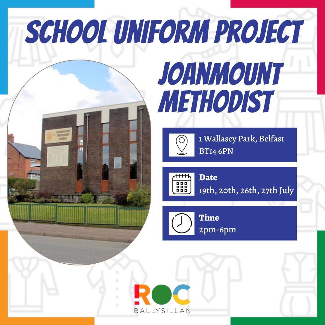 ROC_NI's tweet photo. Final day of ROC Ballysillan School Uniform Project, 65+ children kitted out for the new school year so far. Weโre open to 6pm at Joanmount Methodist Church, come along for brand new items & good quality preloved uniforms for local schools! #schooluniformproject #northbelfast https://t.co/21JH6GVQmY