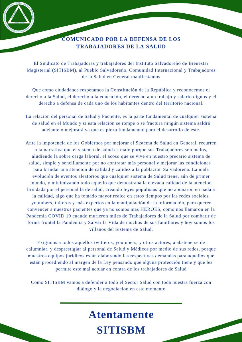 Nos unimos a la defensa de los derechos de los trabajadores de la Salud
<a href="/STISSS_/">STISSS 🇸🇻</a> <a href="/SITRAFOS/">SITRAFOS (Sindicato de Trabajadores del FOSALUD)</a> 
<a href="/ConfederacionI1/">Confederacion Intergremial Salvadoreña</a> <a href="/SaludESA23/">saludesa</a> <a href="/TrabajoSV/">Ministerio de Trabajo</a> <a href="/RolandoCastroSv/">Rolando Castro</a> <a href="/nayibbukele/">Nayib Bukele</a> <a href="/SIMETRISSS/">SIMETRISSS</a> <a href="/UnidadSindical_/">Unidad Sindical Oficial</a> <a href="/CSSP_SV/">CSSP</a> <a href="/UstraspesO/">USTRASPES</a> <a href="/Sitramisal_Sg/">SITRAMISAL OFICIAL</a> <a href="/UnepOficial/">UNEP OFICIAL</a> <a href="/OITnoticias/">OIT</a> <a href="/UNIDAD_ISSS/">UNIDAD SINDICAL ISSS</a> <a href="/SITCCOR/">SITCCOR OFICIAL</a>