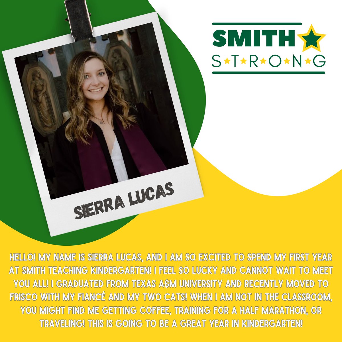 #SMITHSTRONG💪, help us welcome Sierra Lucas to Smith Elementary! She will be joining our Kindergarten team here at Smith Elementary!💪💚⭐️